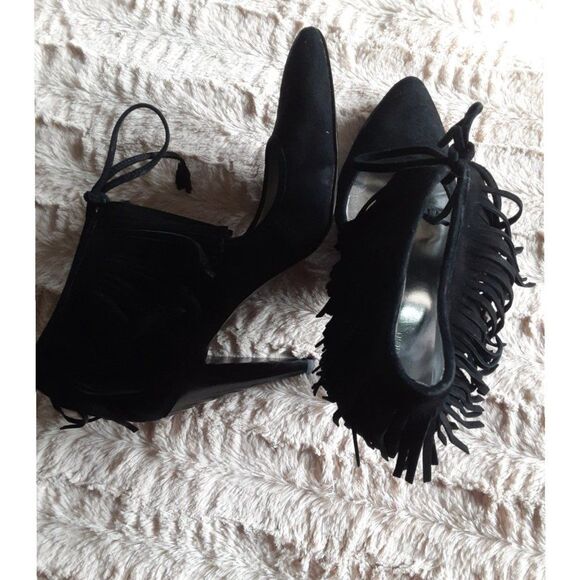 Calvin Klein Size 9M Black Suede Stiletto Lace Up Fringe Heels Statement Style - Picture 7 of 8